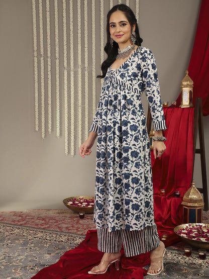 Dhiyona VA Women'sFloral Printed Kantha Work Pure Cotton Kurta With Palazzos & Dupatta