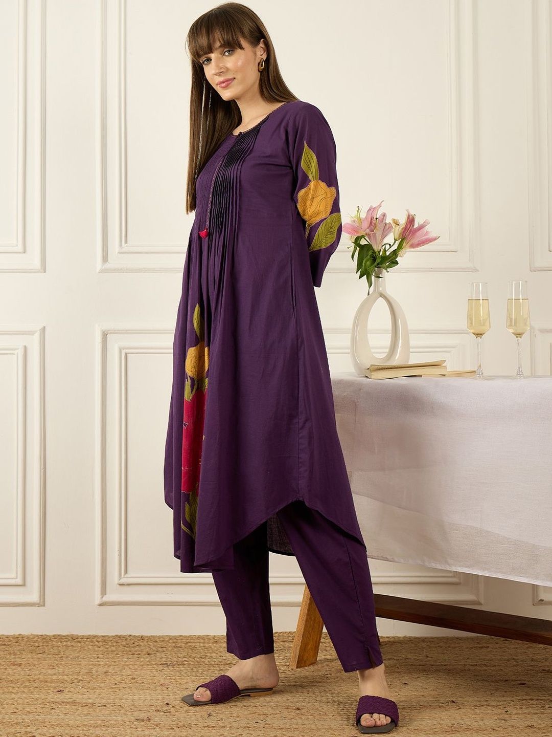 Floral Printed Thread Work Pure Cotton Kurta With Palazzos