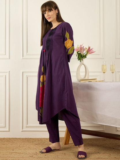 Floral Printed Thread Work Pure Cotton Kurta With Palazzos