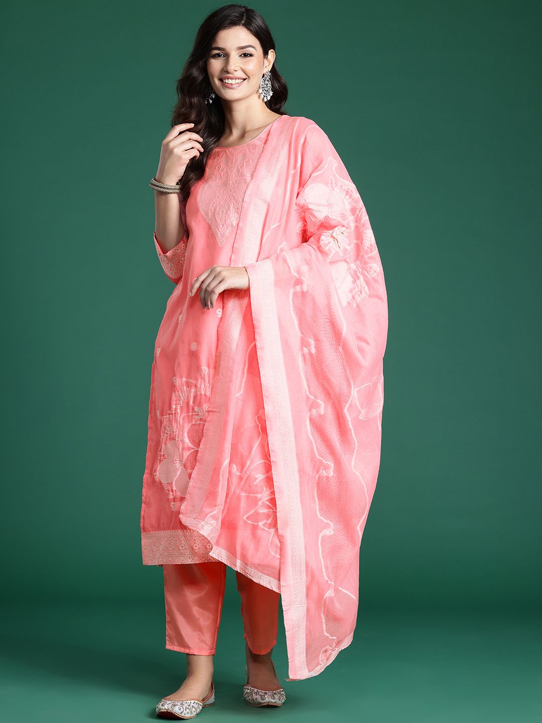 Ethnic Motifs Woven Design Kurta With Trousers & Dupatta