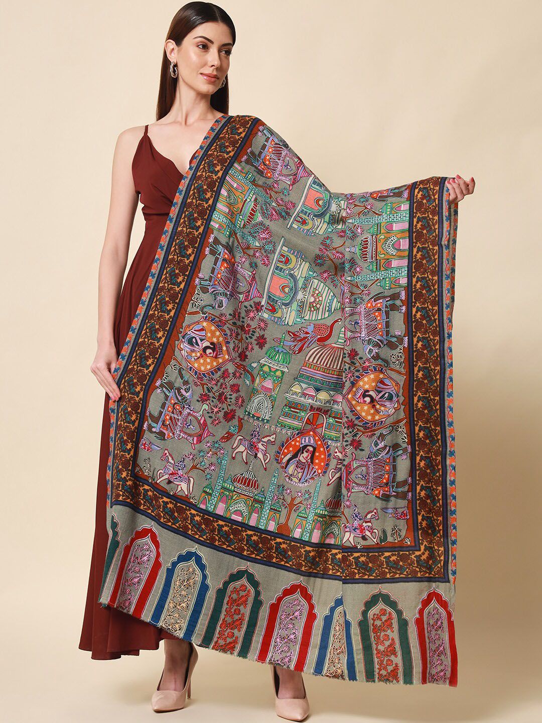 Dhiyona PA Women Grey Embroidered Wool Shawl