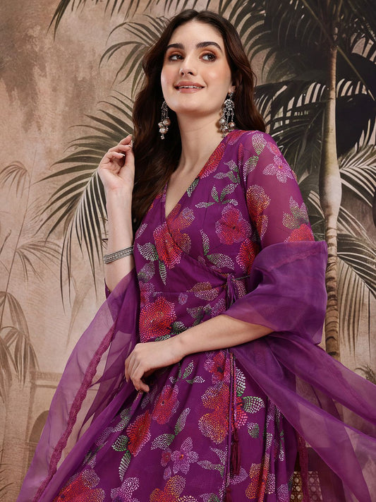 Dhiyona SN Women's Floral Print Angrakha Kurta with Trousers & Dupatta