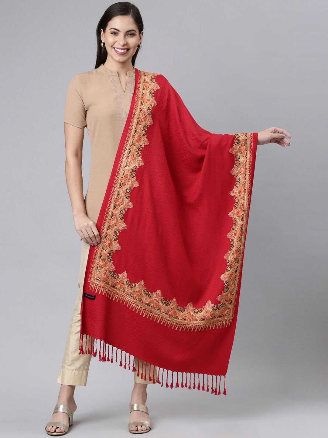 Dhiyona PA Women Maroon Aari Embroidered Shawl