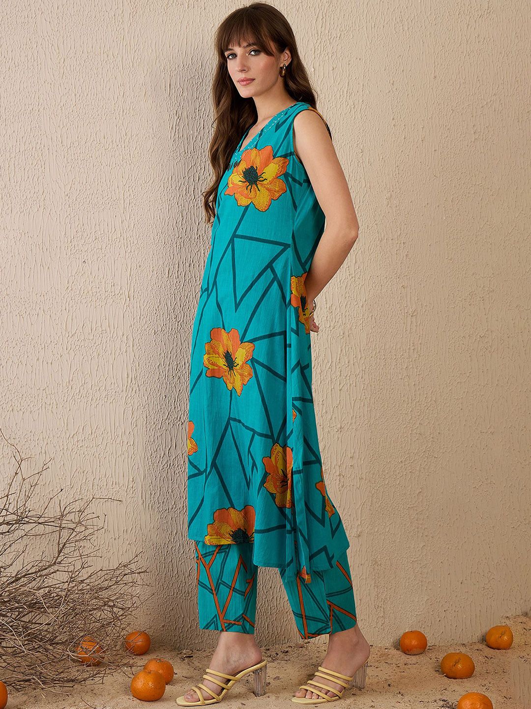 Dhiyona IE Floral Printed Pure Cotton A-Line Tunic With Trouser