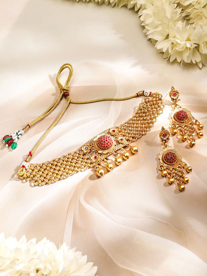 Dhiyona RJ Women's 24K Gold Plated Handcrafted Ruby Stone Studded & Gold Beaded Traditional Choker Set