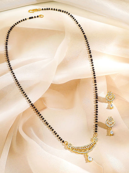 Dhiyona RJ Women's 18K Gold-Plated Cubic Zirconia Studded Curved Bar with Black Beads Mangalsutra Set