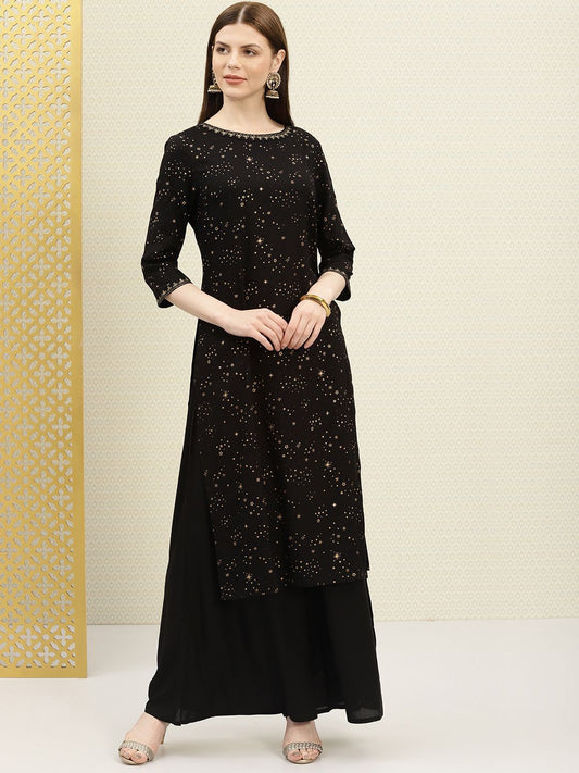 Dhiyona PD Women Women Black & Gold-Toned Printed Kurta with Palazzos