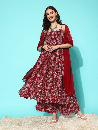 Dhiyona VA Women'sFloral Printed Empire Silk Georgette Kurta with Palazzos & With Dupatta