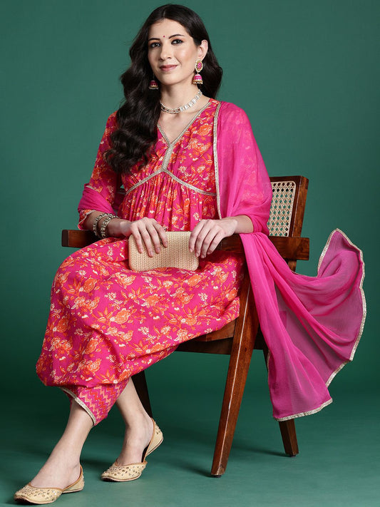 Dhiyona IE Women Floral Printed Regular Pure Cotton Kurta with Palazzos & With Dupatta
