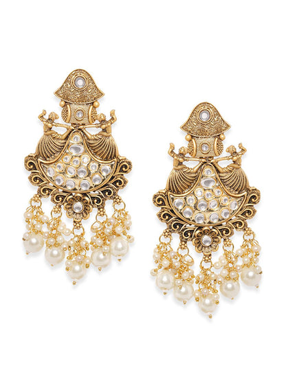 Dhiyona RJ Women's 22K Gold-Plated Kundan Studded with Pearl Drops Chandbali Earrings