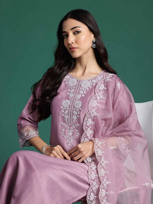 Dhiyona IE Embroidered Zari Kurta with Trousers & With Dupatta