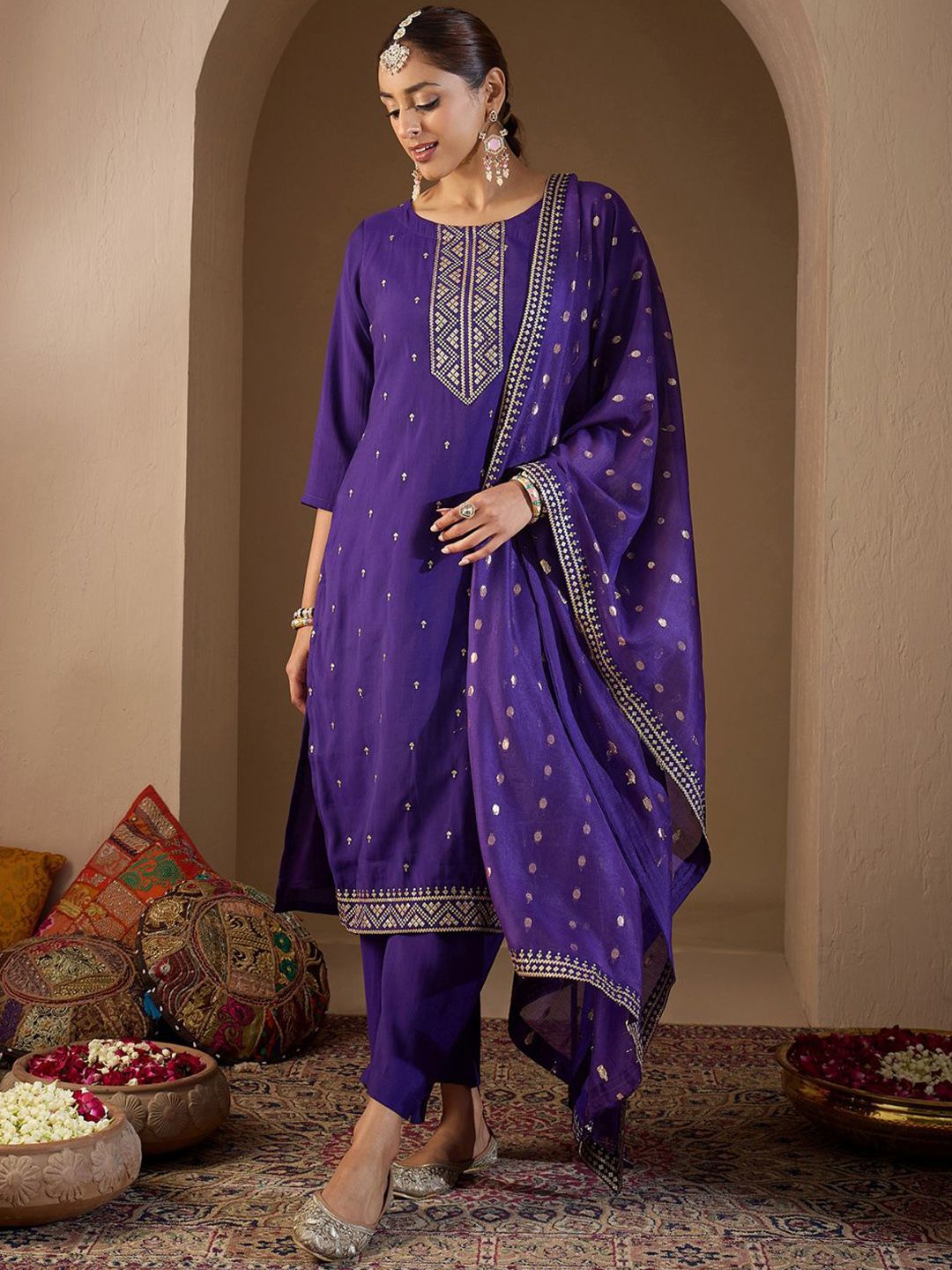Women Ethnic Motifs Embroidered Regular Sequinned Kurta with Trousers & With Dupatta