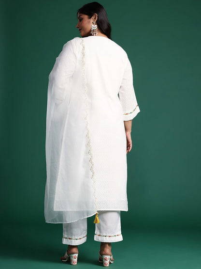 Plus Size Floral Embroidered Panelled Mirror Work Pure Cotton Kurta Set