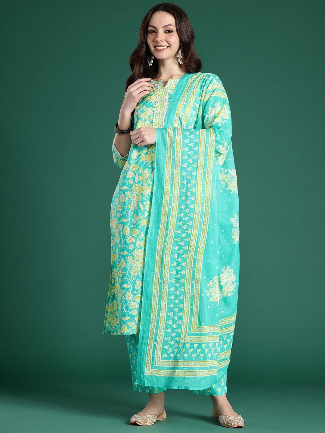 Dhiyona IE Floral Printed Pure Cotton Kurta with Trousers & With Dupatta