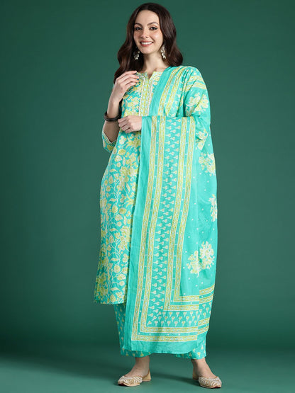 Dhiyona IE Floral Printed Pure Cotton Kurta with Trousers & With Dupatta