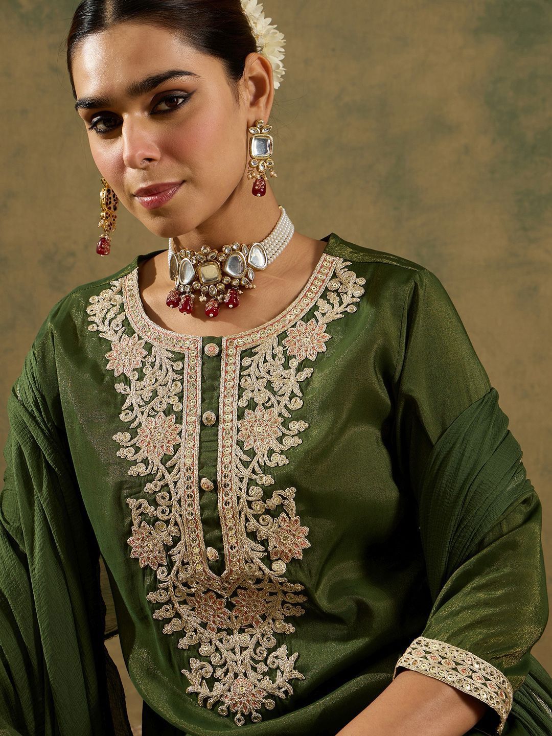 Ethnic Motifs Zari Embroidered Kurta with Trouser & Dupatta