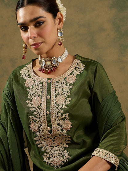 Ethnic Motifs Zari Embroidered Kurta with Trouser & Dupatta