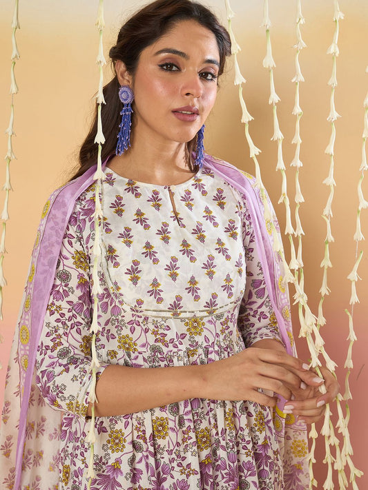 Dhiyona IE Floral Printed Key Hole Neck Pure Cotton Kurta With Trousers & Dupatta