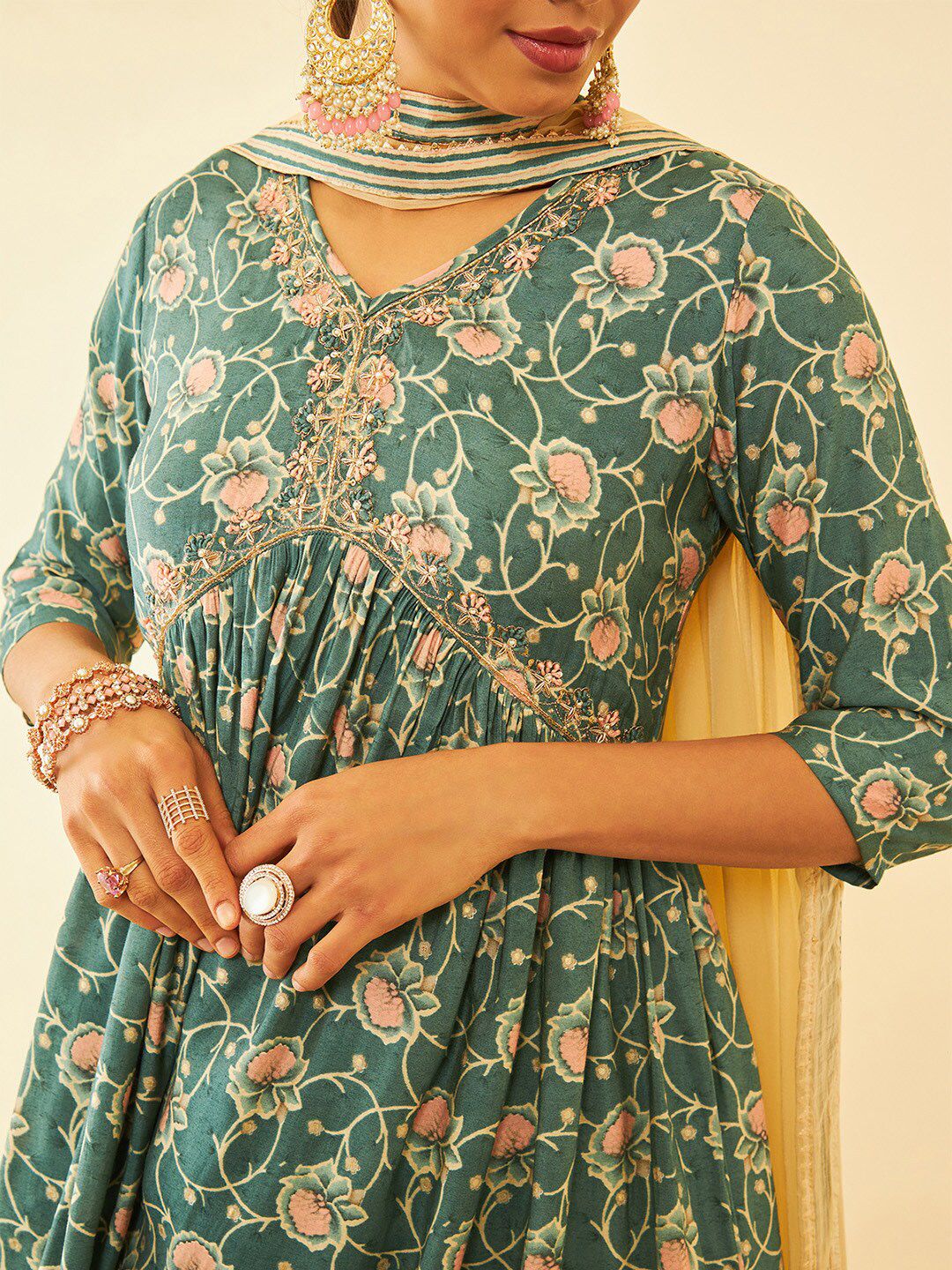 Dhiyona SO Women's Teal Floral Printed Sequinned Anarkali Kurta with Trousers & Dupatta