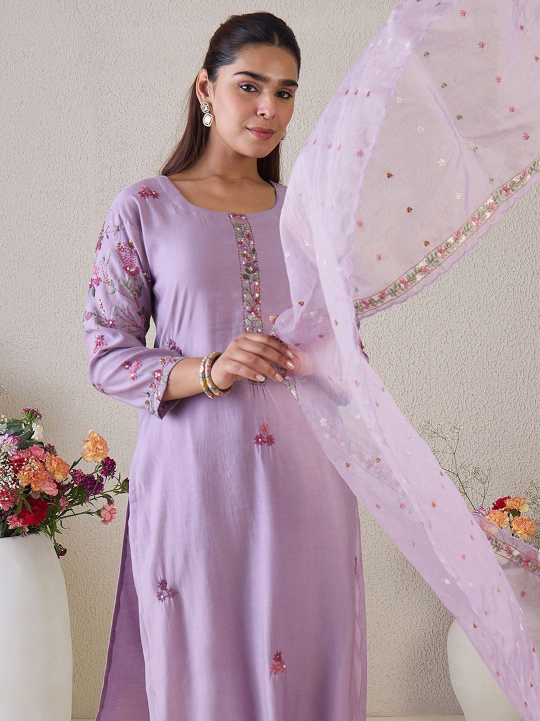 Women Floral Embroidered Kurta with Trousers & Dupatta