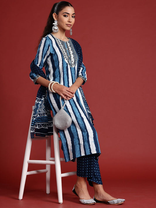 Striped Sequinned Kurta With Trousers & Dupatta