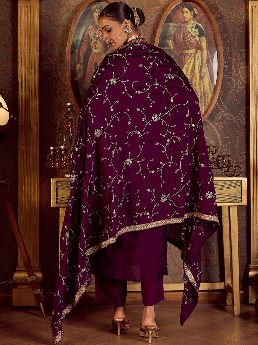 Dhiyona IE Floral Embroidered Zari Kurta with Trousers & Dupatta
