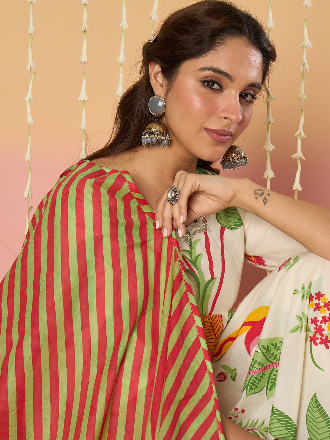 Floral Printed Empire Screen Technique Pure Cotton A-Line With Trousers & Dupatta