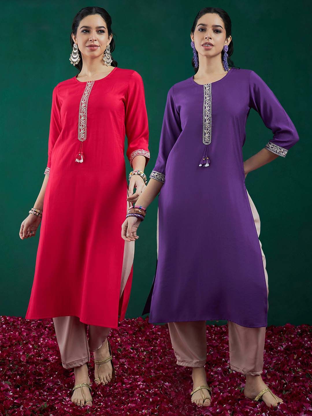 Dhiyona IE Pack of 2 Round Neck Ethnic Embroidered Chanderi Silk Straight Kurta