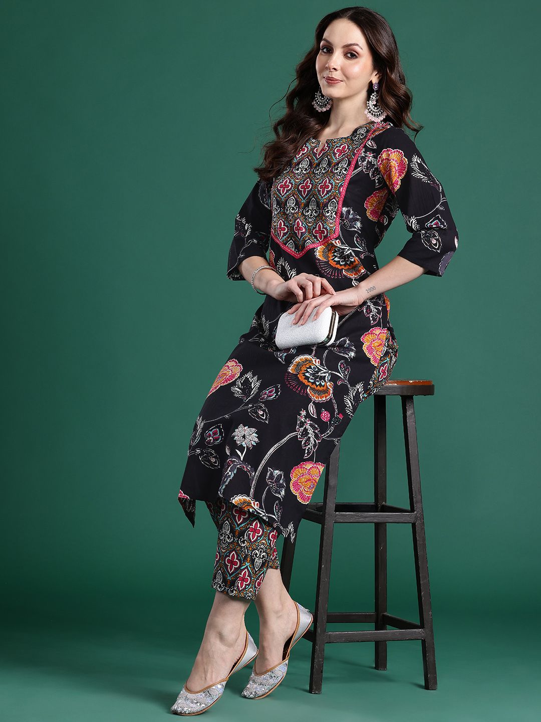 Dhiyona IE Floral Printed Pure Cotton Kurta with Trousers