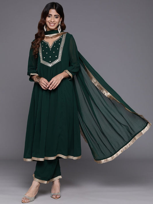 Dhiyona VA Women's Embroidered Empire Mirror Work Silk Georgette Kurta with Trousers & With Dupatta