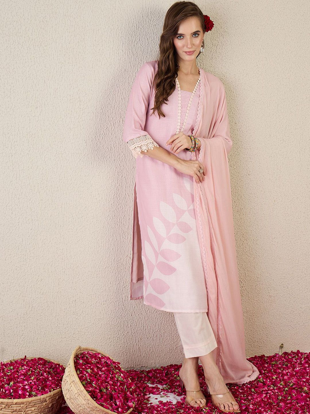 Floral Printed V Neck Straight Kurta With Trouser & Dupatta