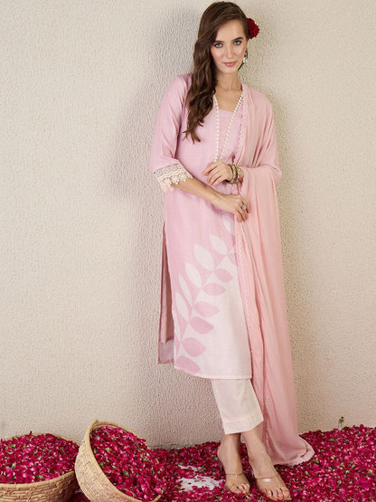 Floral Printed V Neck Straight Kurta With Trouser & Dupatta