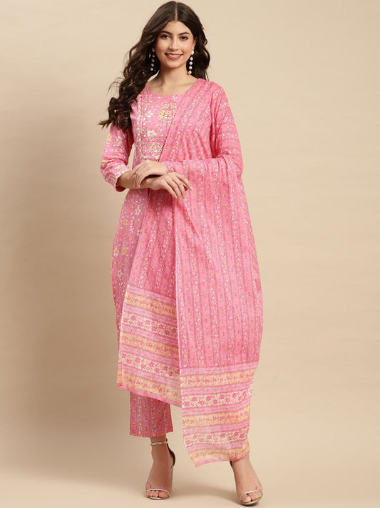 Dhiyona SN Women's Floral Printed Pure-Cotton Straight Kurta With Trouser & Dupatta