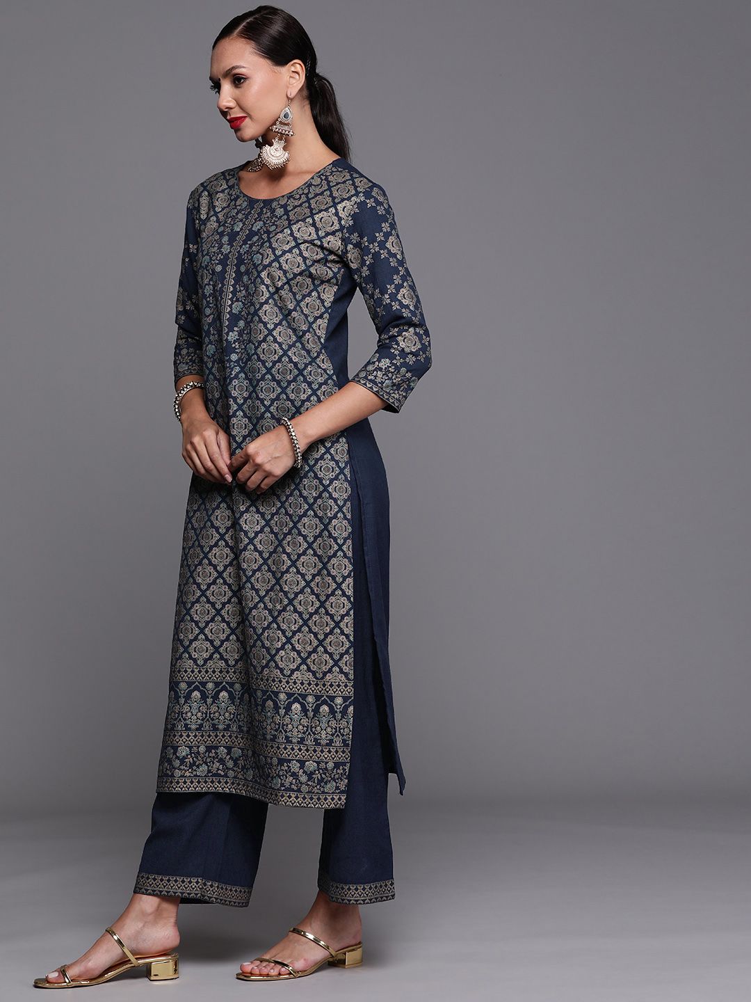 Women Navy Blue Ethnic Motifs Foil Print Sequinned Kurta with Palazzos & Dupatta