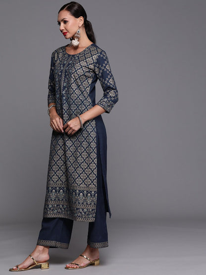 Women Navy Blue Ethnic Motifs Foil Print Sequinned Kurta with Palazzos & Dupatta