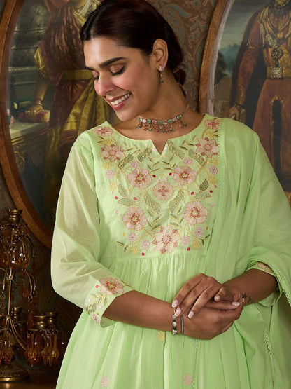 Dhiyona IE Floral Embroidered Empire Thread Work Pure Cotton Kurta With Trousers & Dupatta