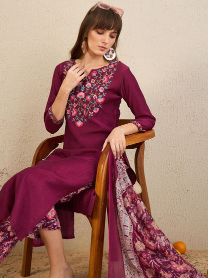 Dhiyona IE Floral Embroidered Notch Neck Thread Work Straight Kurta With Palazzos & Dupatta