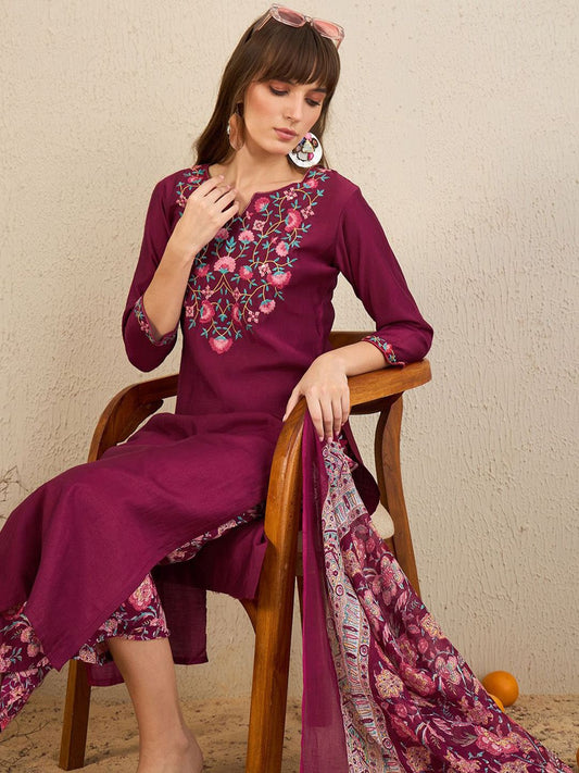 Dhiyona IE Floral Embroidered Notch Neck Thread Work Straight Kurta With Palazzos & Dupatta