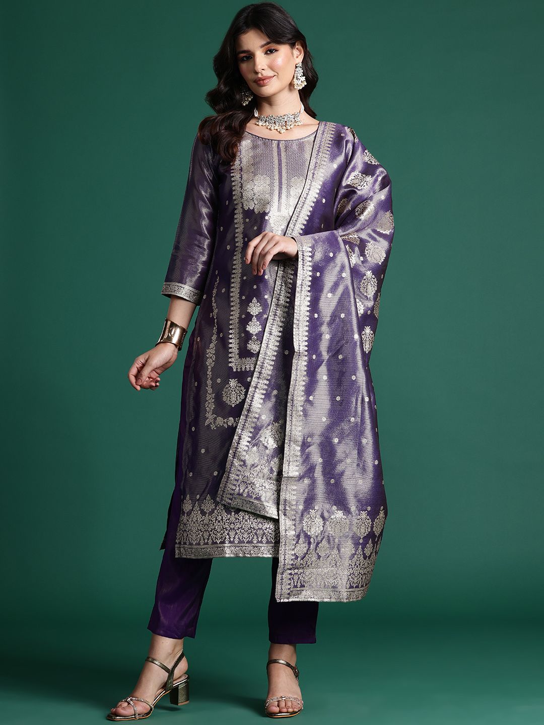 Dhiyona IE Women Ethnic Motifs Jacquard Zari Kurta with Trousers & With Dupatta