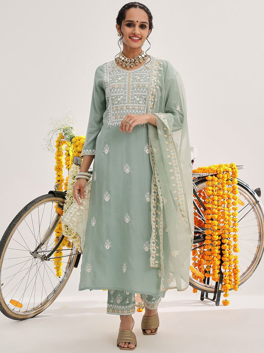 Dhiyona VA Women'sSea Green Floral Embroidered Thread Work Straight Kurta With Trousers & Dupatta