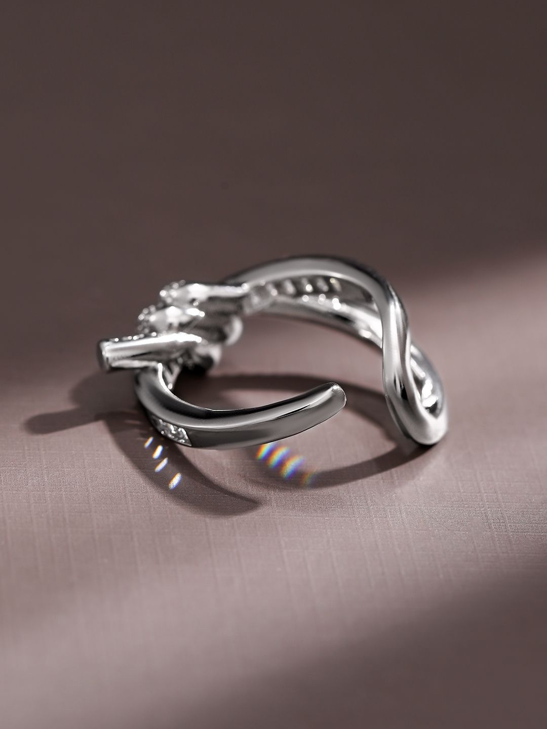 Dhiyona RJ Women's Rhodium Plated Baguette & Pave Cubic Zirconia Studded Knot Design Openable Ring