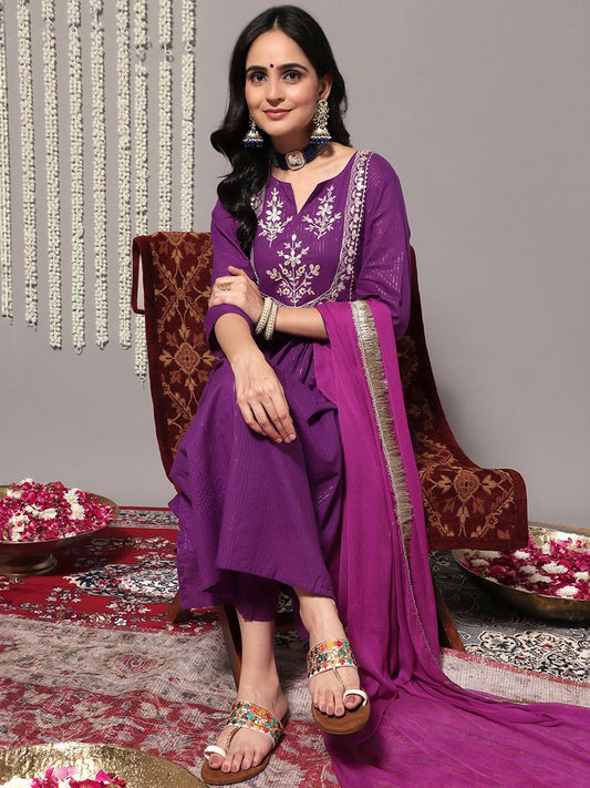 Dhiyona VA Women'sFloral Yoke Design Gotta Patti Pure Cotton Kurta & Trousers With Dupatta