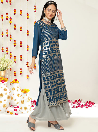 Dhiyona VA Women'sEthnic motifs Embroidered Sequinned Straight Kurta & Sharara With Dupatta