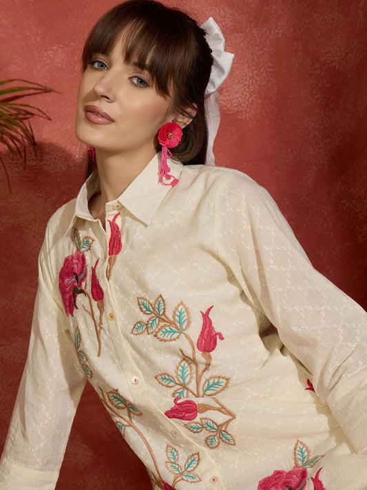Dhiyona IE Women Floral Embroidered Regular Thread Work Pure Cotton Kurta with Trousers