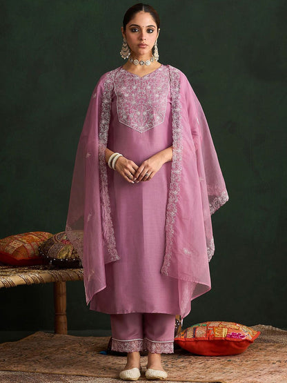 Ethnic Motifs Embroidered Thread Work Kurta With Trousers & Dupatta