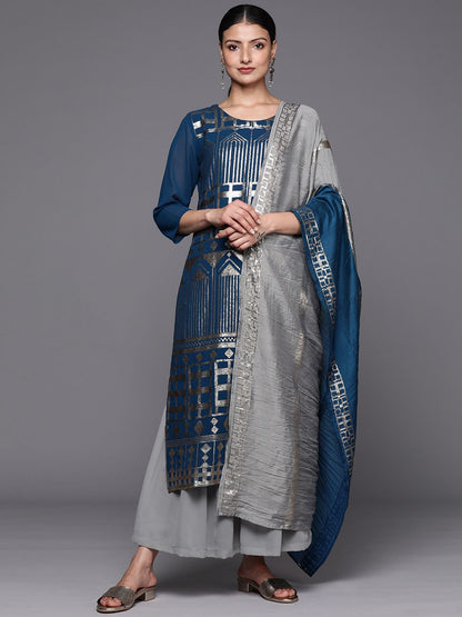 Dhiyona VA Women's Grey Embroidered Sequinned Silk Georgette Kurta with Sharara & With Dupatta