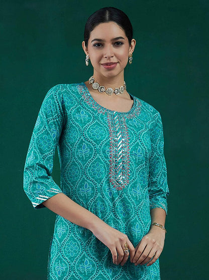 Dhiyona IE Ethnic Motifs Printed Thread Work Cotton Straight Kurta