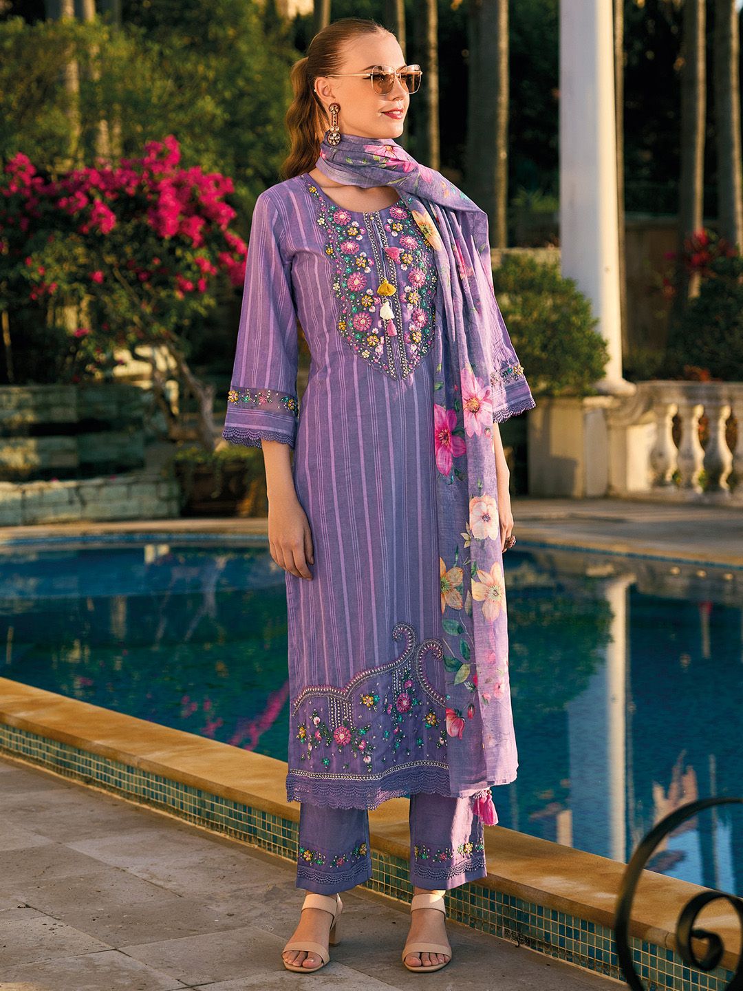 Dhiyona IE Floral Embroidered Regular Thread Work Pure Cotton Kurta With Trousers & Dupatta