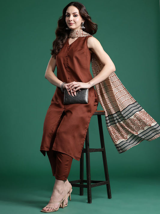 Solid Regular Kurta with Trousers & Dupatta