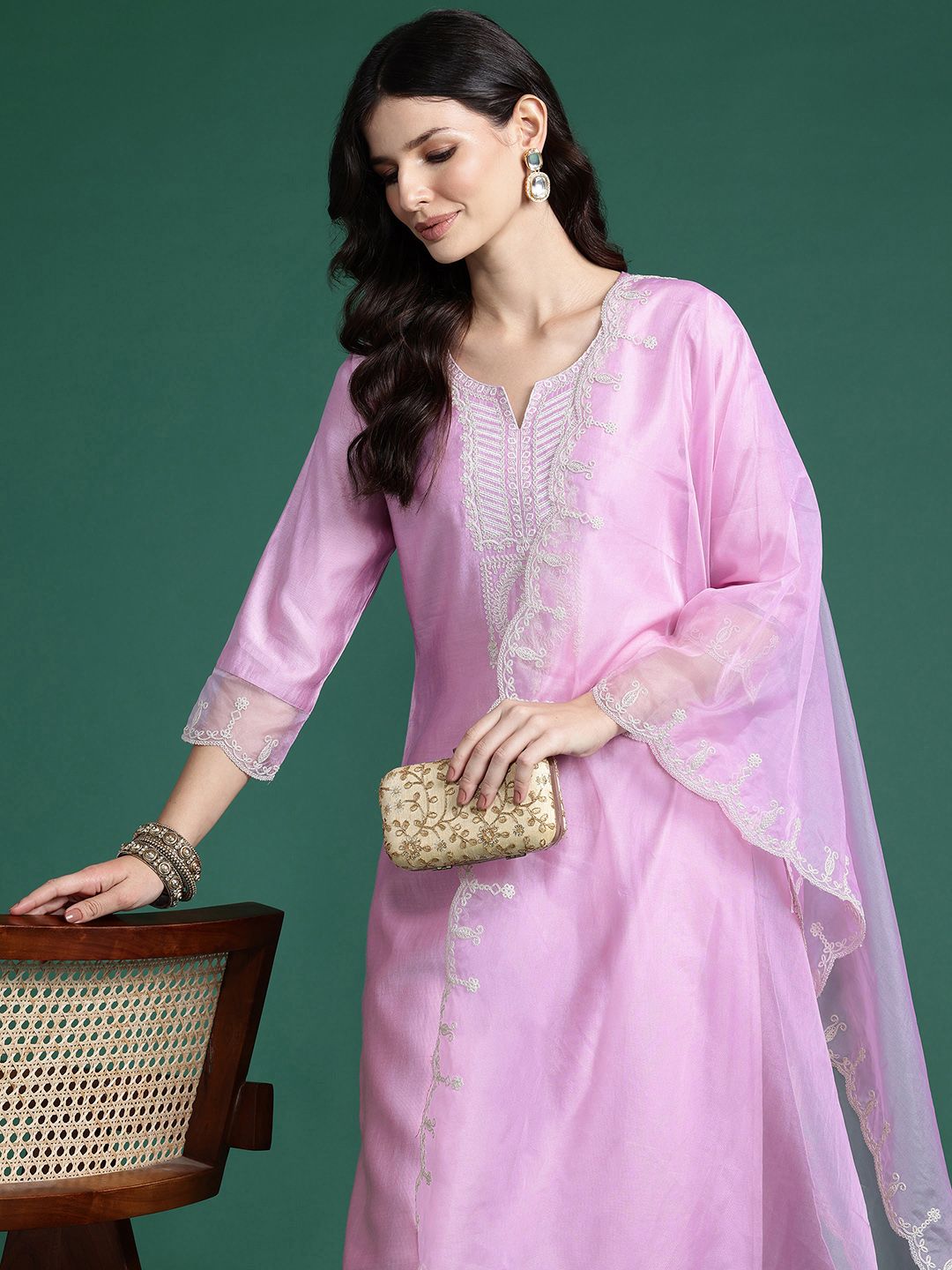 Ethnic Motifs Embroidered Thread Work Liva Kurta with Trousers & With Dupatta